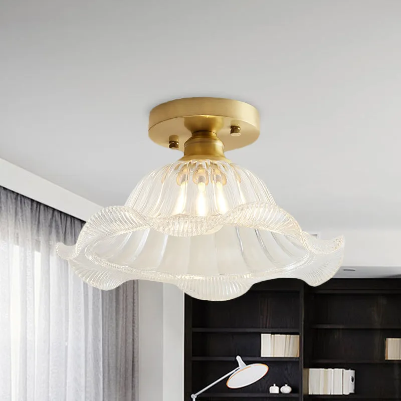 Geschulpte woonkamer semi-flush industrieel getextureerd glas één licht messing plafondlamp Clearhalo