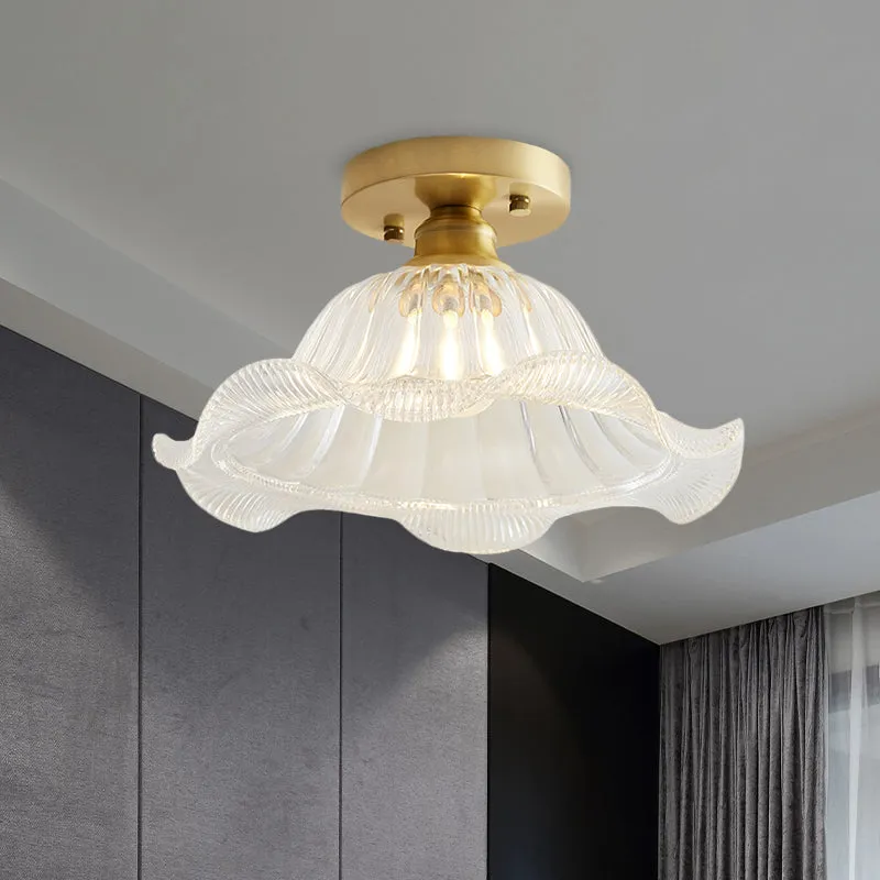 Geschulpte woonkamer semi-flush industrieel getextureerd glas één licht messing plafondlamp Clearhalo