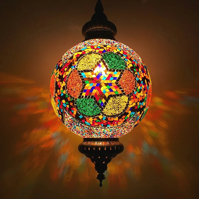 Geslepen glazen bol ophangverlichting Traditionele 1-lichts eetkamer hanglamp rood/geel/blauw Clearhalo