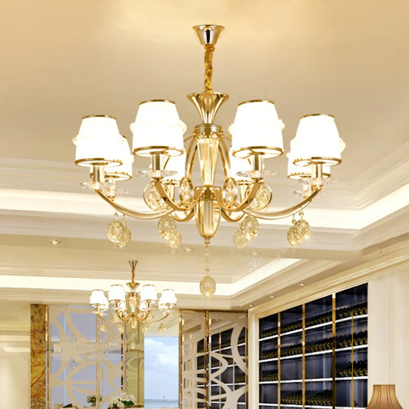 Geslepen kristallen conische hanglamp moderne 8-lichts woonkamerkroonluchter goud met witte glazen kap Clearhalo