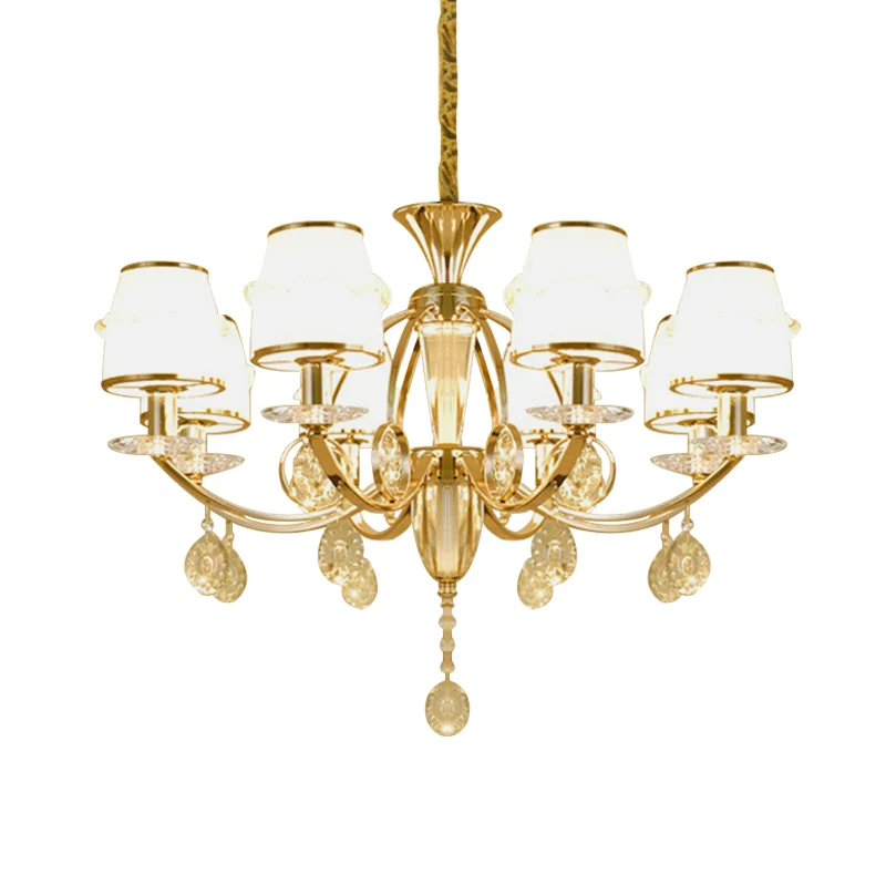 Geslepen kristallen conische hanglamp moderne 8-lichts woonkamerkroonluchter goud met witte glazen kap Clearhalo