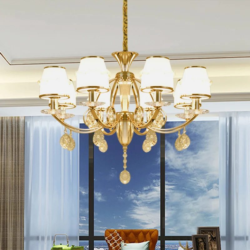 Geslepen kristallen conische hanglamp moderne 8-lichts woonkamerkroonluchter goud met witte glazen kap Clearhalo