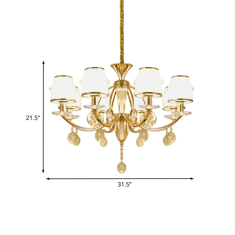 Geslepen kristallen conische hanglamp moderne 8-lichts woonkamerkroonluchter goud met witte glazen kap Clearhalo
