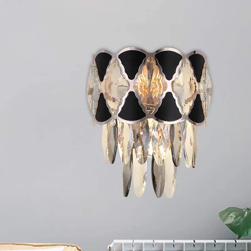 Geslepen kristallen ovalen zwarte afwerking schans licht taps toelopend 3 koppen modern oppervlak wandlamp armatuur Clearhalo