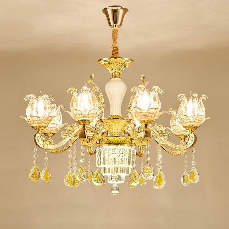 Gesneden glazen lotusvormige hanglamp Traditionele slaapkamerkroonluchter met kristallen accenten goud Clearhalo