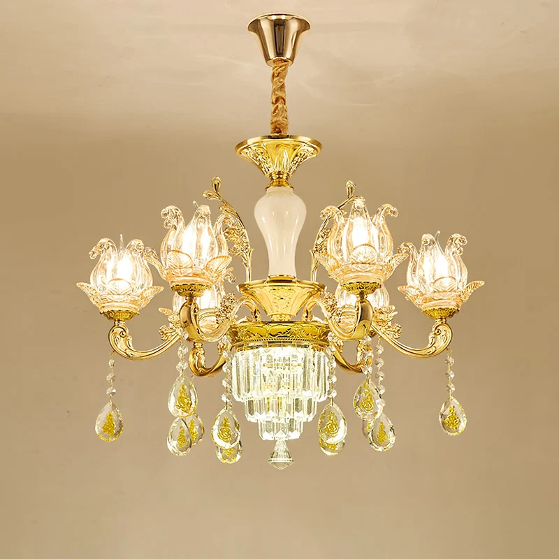 Gesneden glazen lotusvormige hanglamp Traditionele slaapkamerkroonluchter met kristallen accenten goud Clearhalo