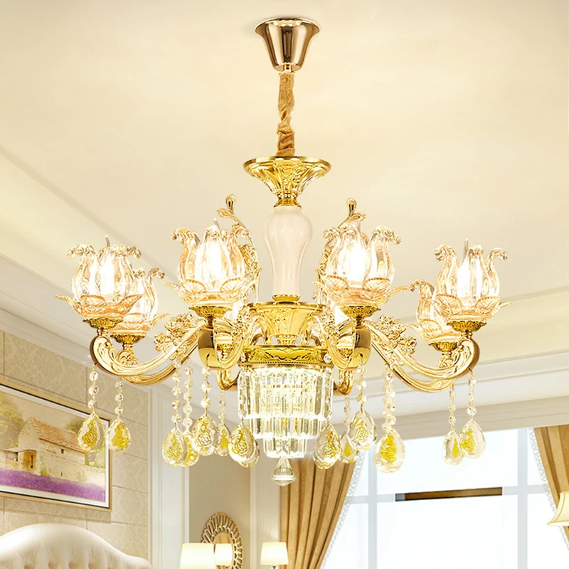 Gesneden glazen lotusvormige hanglamp Traditionele slaapkamerkroonluchter met kristallen accenten goud Clearhalo