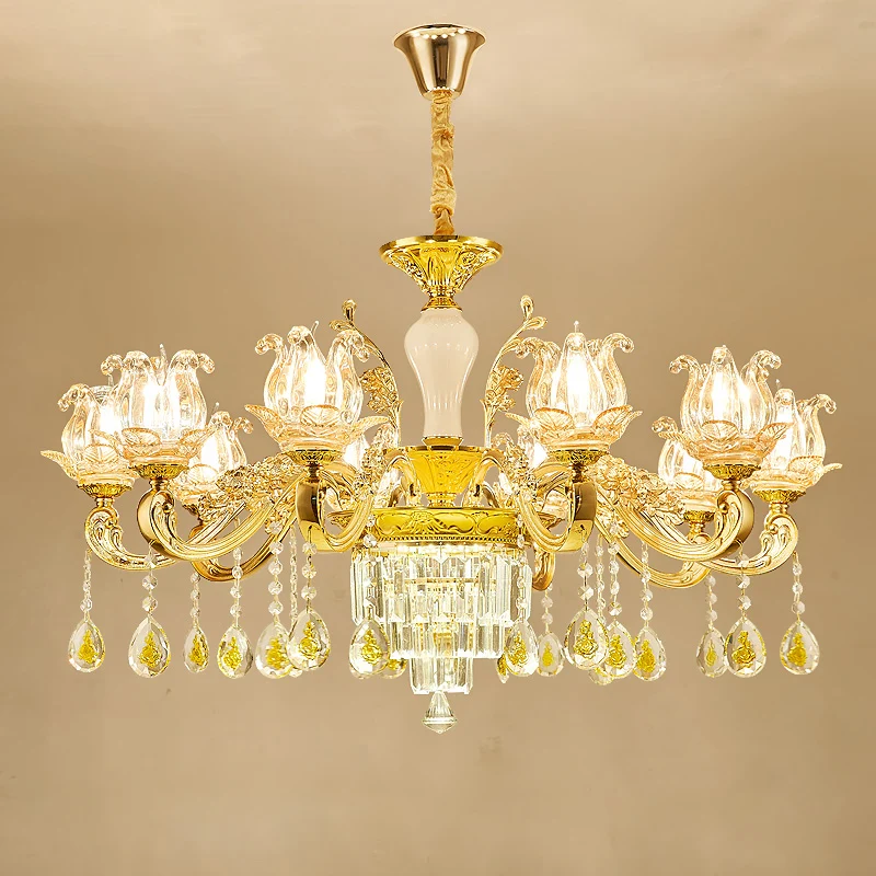Gesneden glazen lotusvormige hanglamp Traditionele slaapkamerkroonluchter met kristallen accenten goud Clearhalo