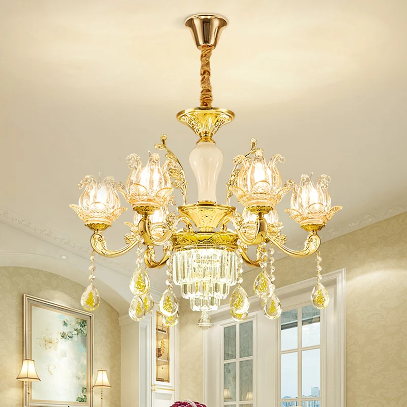 Gesneden glazen lotusvormige hanglamp Traditionele slaapkamerkroonluchter met kristallen accenten goud Clearhalo