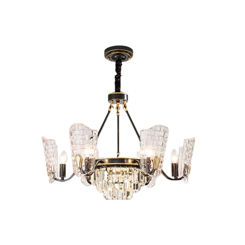 Gesneden kristallen schildvormige plafondkroonluchter Moderne 4/6/8 lichts zwarte hanglampset Clearhalo