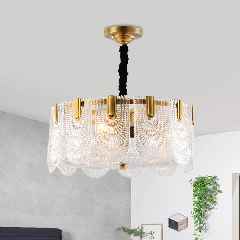 Getextureerd glas gelaagd hangend plafondlicht modernisme 3/8 lichts kroonluchterlicht messing Clearhalo
