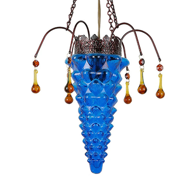 Getextureerde glazen conische plafondhanglamp Vintage 1-lichts rood/geel/blauw eetkamer ophangverlichtingsarmatuur Clearhalo