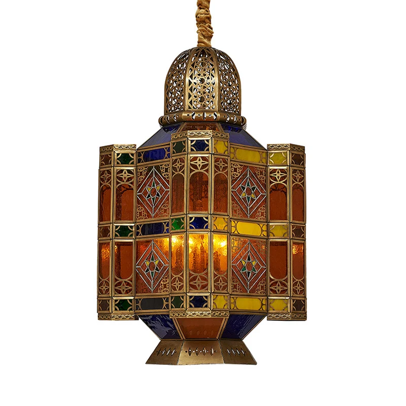 Geëtste lantaarn restaurant plafondlamp traditioneel gekleurd kunstglas 3 hoofden messing hangende kroonluchter Clearhalo