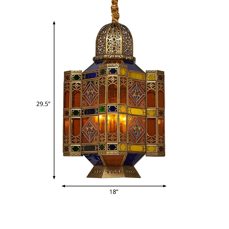 Geëtste lantaarn restaurant plafondlamp traditioneel gekleurd kunstglas 3 hoofden messing hangende kroonluchter Clearhalo