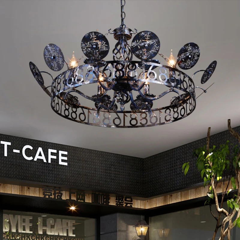 Geëtste ronde koffiewinkel hanglamp antiek smeedijzer 6 koppen roestige kroonluchterlamp met kale lamp Clearhalo