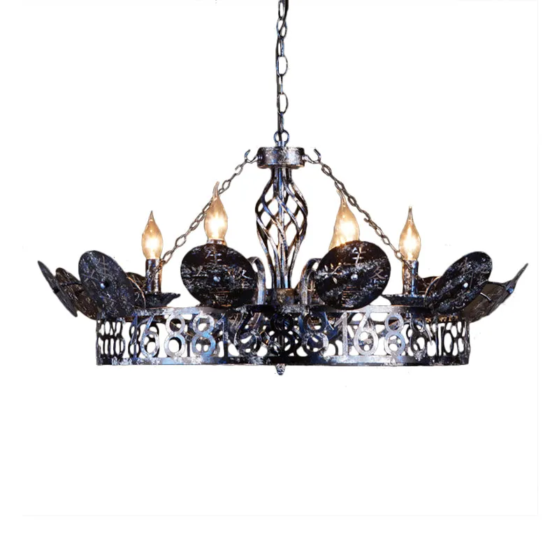 Geëtste ronde koffiewinkel hanglamp antiek smeedijzer 6 koppen roestige kroonluchterlamp met kale lamp Clearhalo