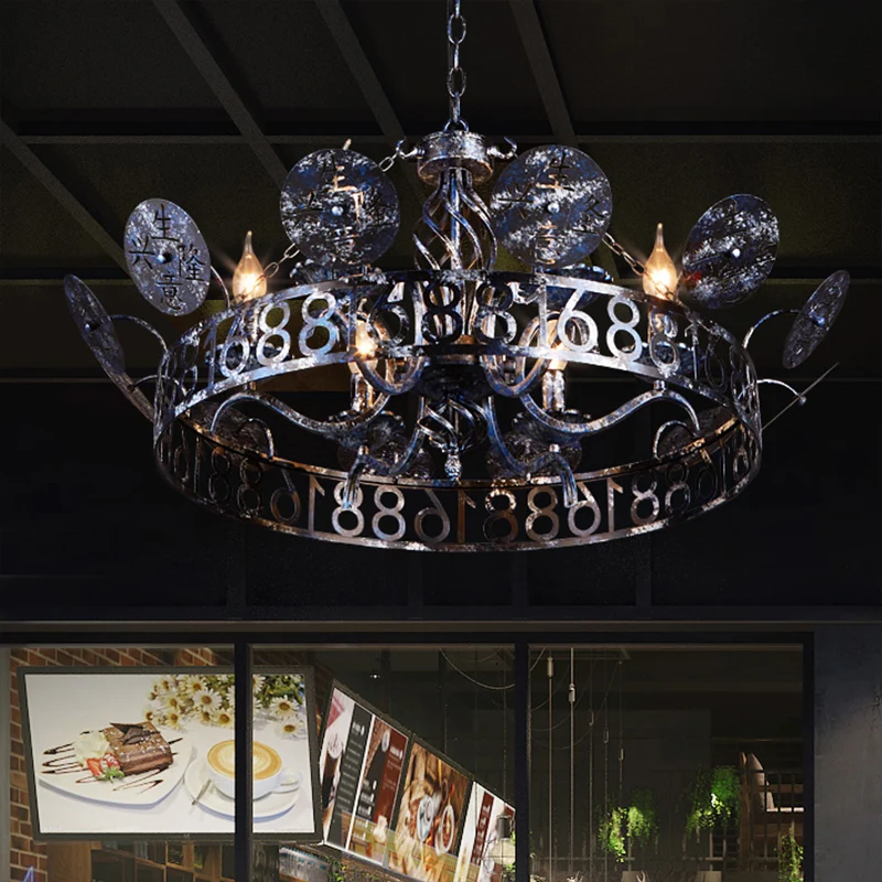 Geëtste ronde koffiewinkel hanglamp antiek smeedijzer 6 koppen roestige kroonluchterlamp met kale lamp Clearhalo