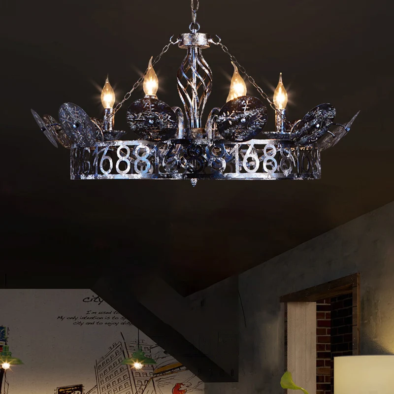 Geëtste ronde koffiewinkel hanglamp antiek smeedijzer 6 koppen roestige kroonluchterlamp met kale lamp Clearhalo