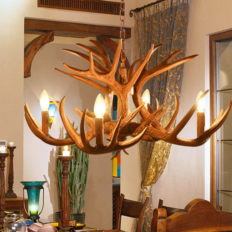 Gewei woonkamer hanglamp traditionele hars 4/6 lampen bruin verstelbare kroonluchter hanglamp Clearhalo