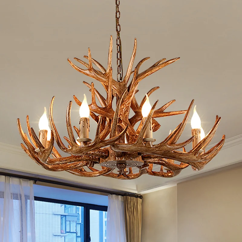 Geweivorm hars kroonluchter licht rustiek restaurant hanglamp bruin Clearhalo