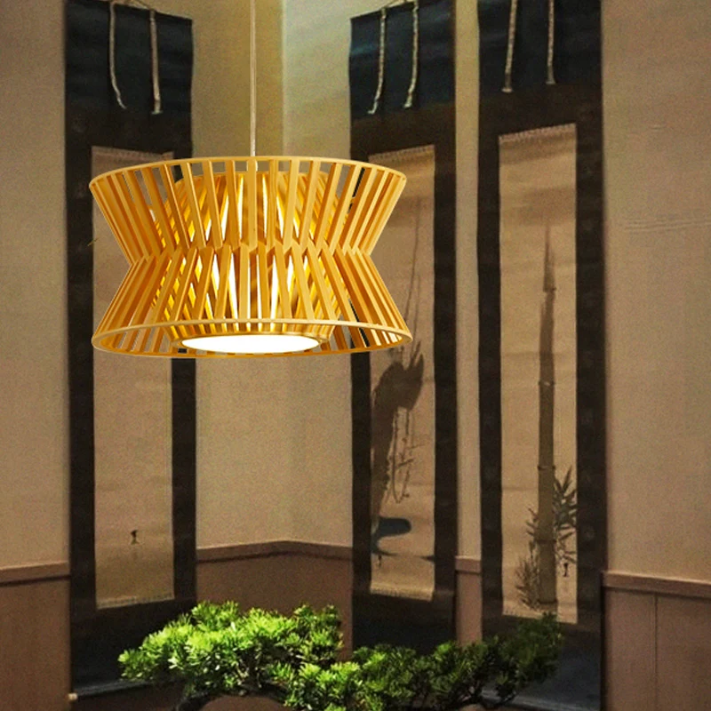 Gewelfde houten hanglamp Aziatisch 1-lichts 16"/19,5" brede beige hangende verlichtingsarmatuur Clearhalo