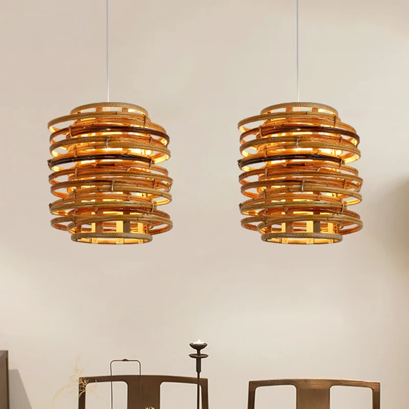 Gewervelde bamboe hanglamp Aziatische enkele beige hanglampset boven eettafel Clearhalo
