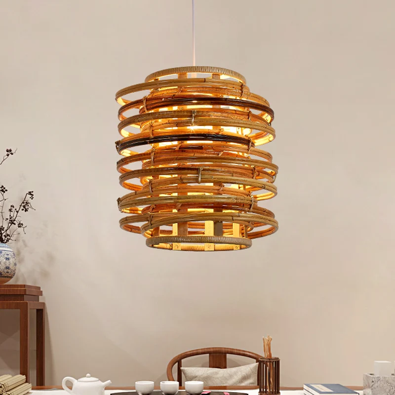 Gewervelde bamboe hanglamp Aziatische enkele beige hanglampset boven eettafel Clearhalo