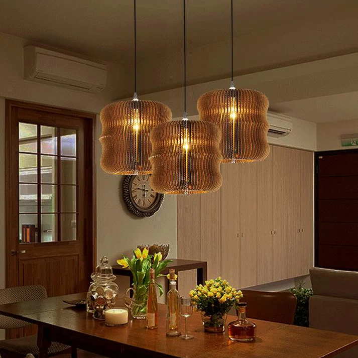 Geweven kap hangende verlichting Aziatische stijl golfpapier 1-lamps restaurant hanglamp beige/bruin Clearhalo
