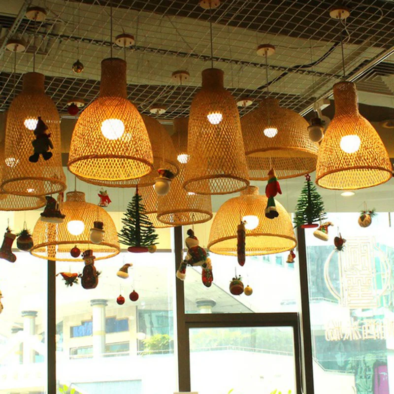 Geweven lampenkap hanglamp Minimalistisch bamboe 1-kops beige hangende plafondlamp Clearhalo