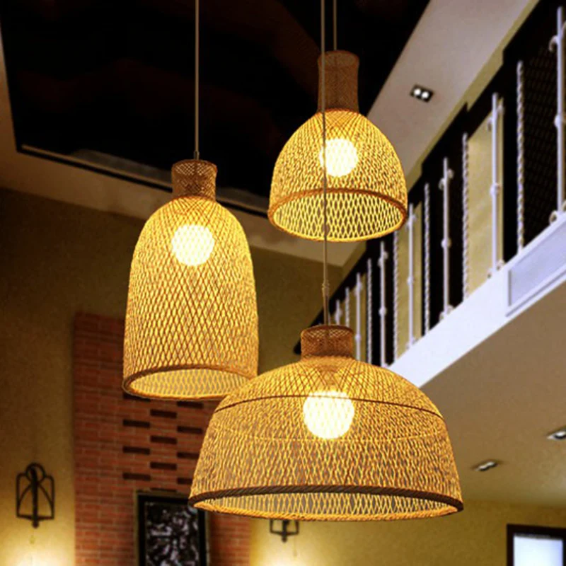 Geweven lampenkap hanglamp Minimalistisch bamboe 1-kops beige hangende plafondlamp Clearhalo