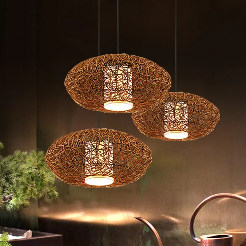 Geweven ophanghanger Retro Rotan 1 lamp Bruin Hanglampset voor Tearoom Clearhalo