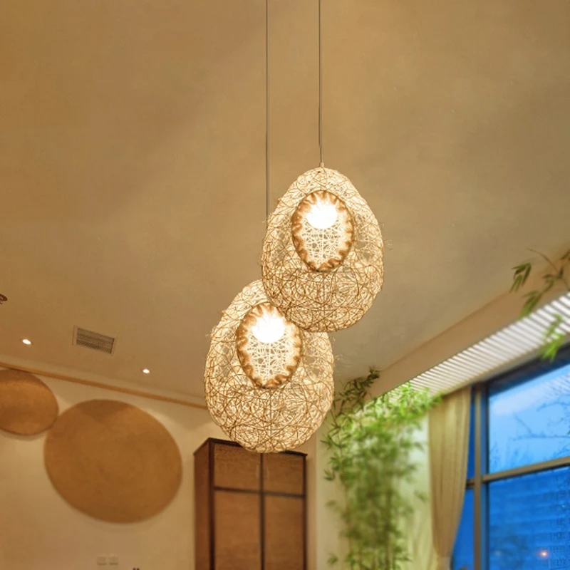 Geweven rotan eivormige hanglamp voor restaurant Rustiek Hanglamp met één lamp beige Clearhalo