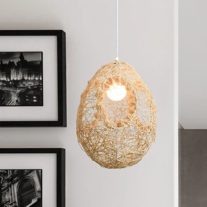 Geweven rotan eivormige hanglamp voor restaurant Rustiek Hanglamp met één lamp beige Clearhalo
