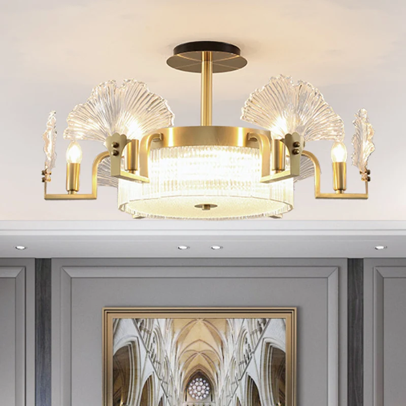 Ginkgo bladvormige woonkamerkroonluchter, licht geribbeld glas, eenvoud, hanglamp goud Clearhalo