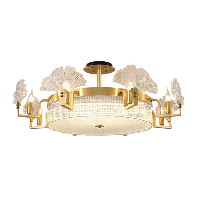 Ginkgo bladvormige woonkamerkroonluchter, licht geribbeld glas, eenvoud, hanglamp goud Clearhalo