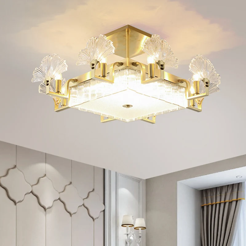 Ginkgo bladvormige woonkamerkroonluchter, licht geribbeld glas, eenvoud, hanglamp goud Clearhalo