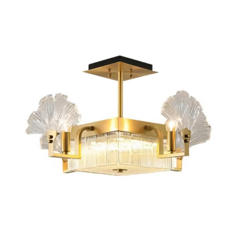 Ginkgo bladvormige woonkamerkroonluchter, licht geribbeld glas, eenvoud, hanglamp goud Clearhalo