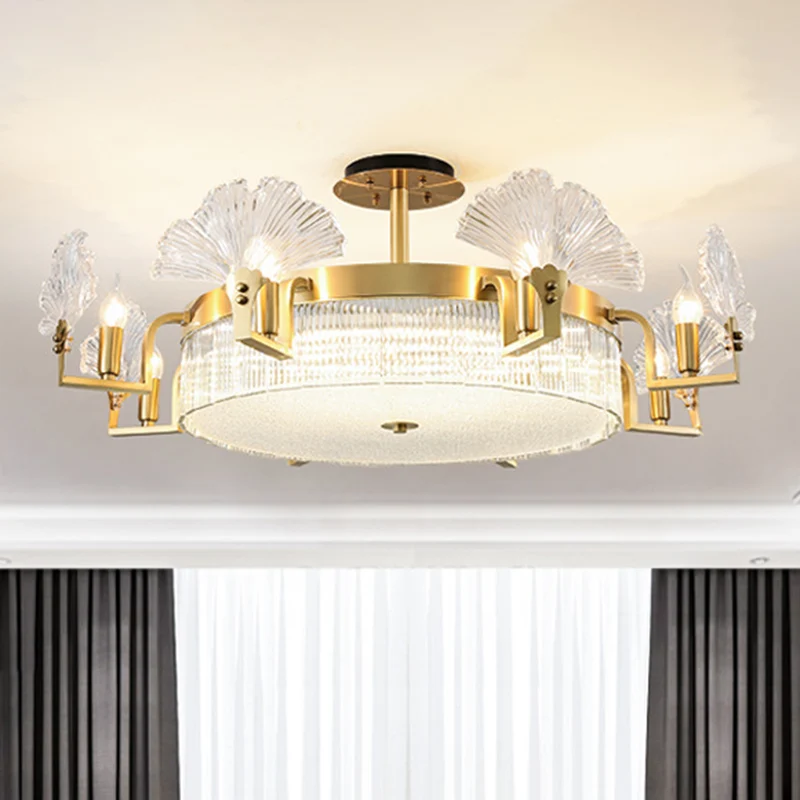 Ginkgo bladvormige woonkamerkroonluchter, licht geribbeld glas, eenvoud, hanglamp goud Clearhalo