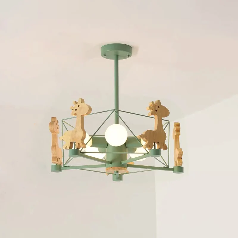 Giraffe kroonluchter cartoon houten kleuterschool hangende plafondlamp met draadkooi Clearhalo