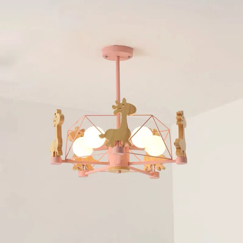 Giraffe kroonluchter cartoon houten kleuterschool hangende plafondlamp met draadkooi Clearhalo
