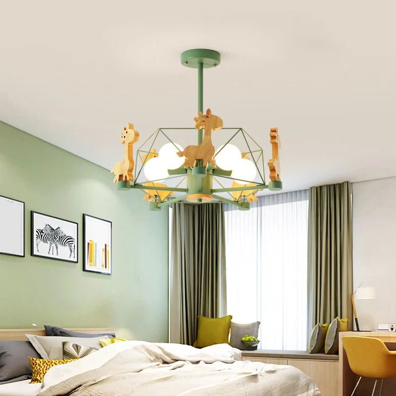 Giraffe kroonluchter cartoon houten kleuterschool hangende plafondlamp met draadkooi Clearhalo