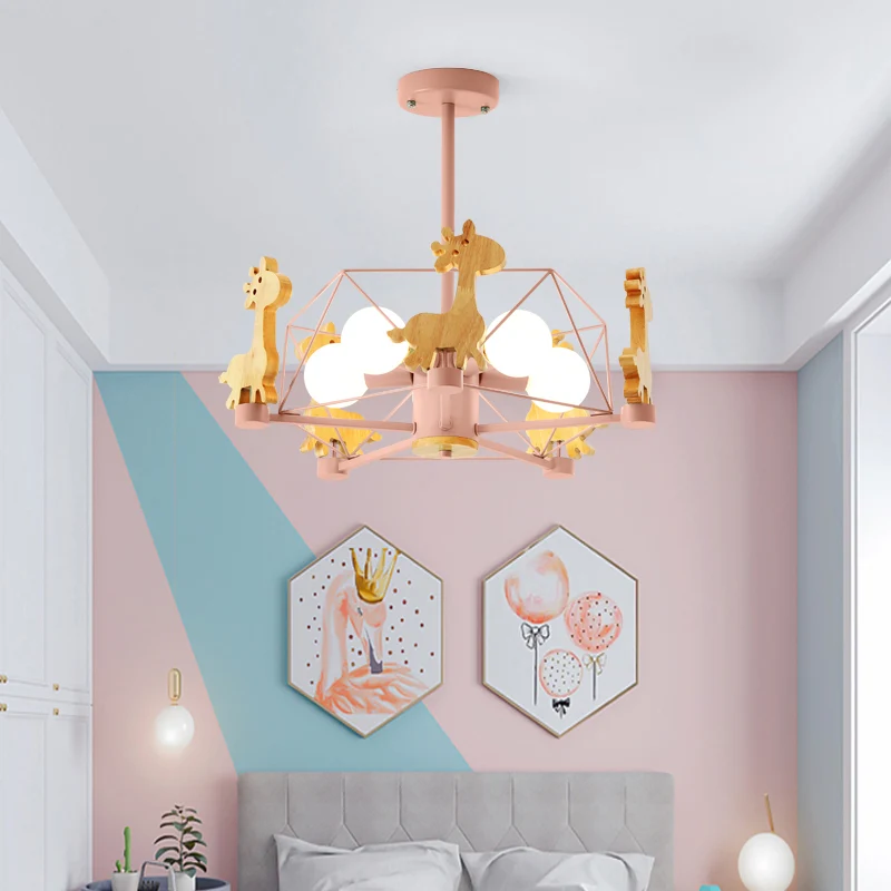 Giraffe kroonluchter cartoon houten kleuterschool hangende plafondlamp met draadkooi Clearhalo