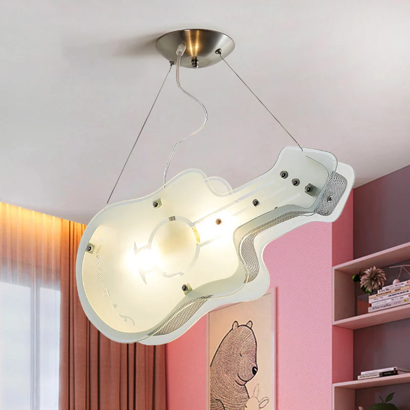 Gitaarvormige hanglamp voor kinderen, 2 lampen, acryl LED-hanglamp wit voor winkel Clearhalo