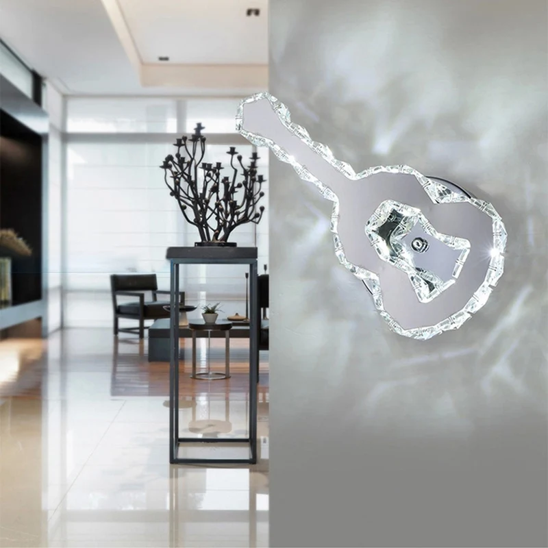 Gitaarvormige wandlamp met kristallen moderne roestvrijstalen wandlamp chroom voor café Clearhalo