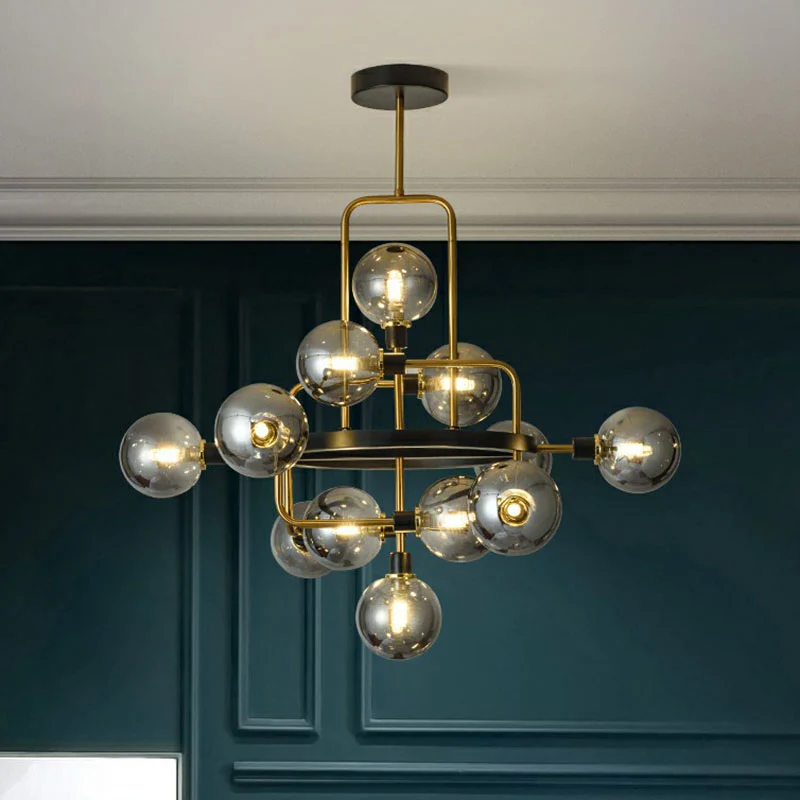 Glazen 3D atomaire kroonluchter postmoderne 12-lamps zwart en messing ophanglamp Clearhalo