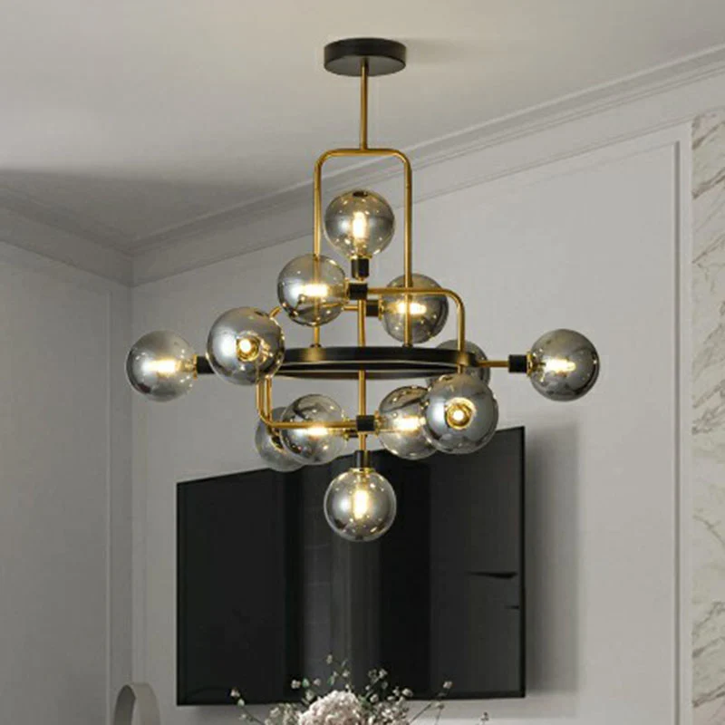 Glazen 3D atomaire kroonluchter postmoderne 12-lamps zwart en messing ophanglamp Clearhalo