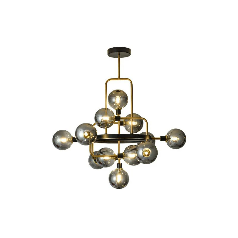 Glazen 3D atomaire kroonluchter postmoderne 12-lamps zwart en messing ophanglamp Clearhalo