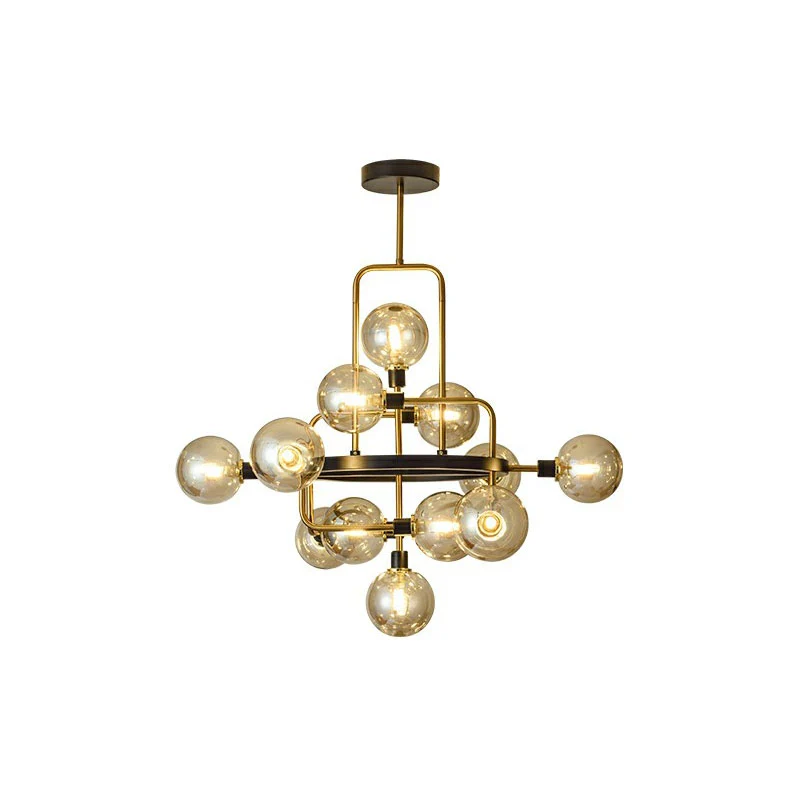 Glazen 3D atomaire kroonluchter postmoderne 12-lamps zwart en messing ophanglamp Clearhalo