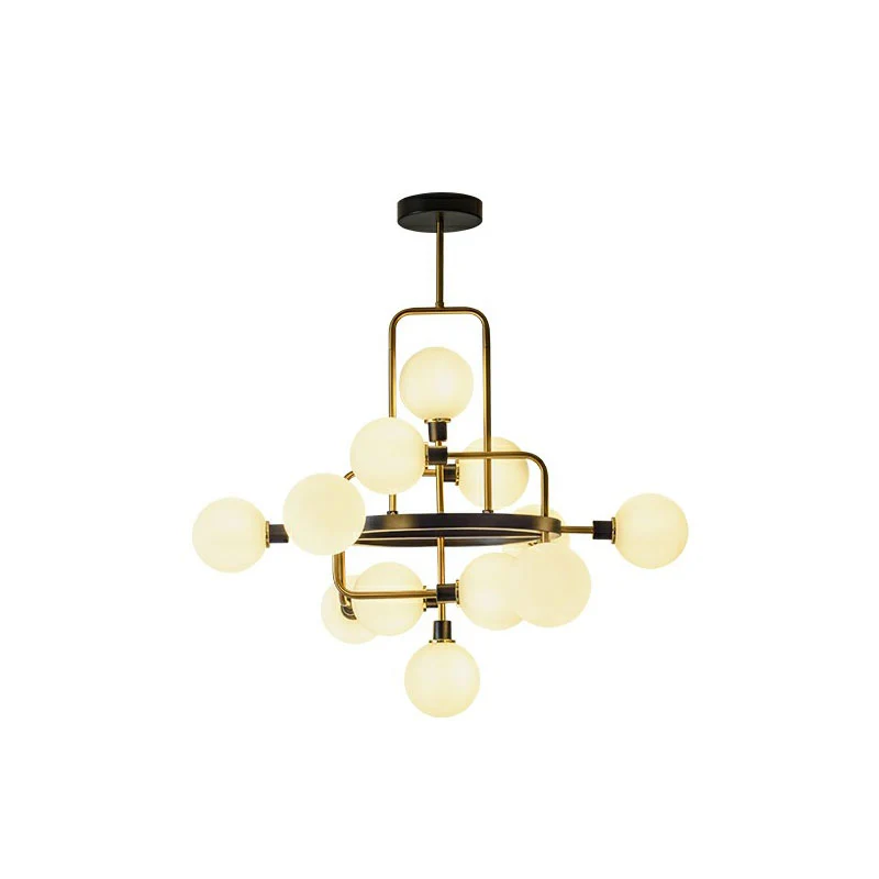 Glazen 3D atomaire kroonluchter postmoderne 12-lamps zwart en messing ophanglamp Clearhalo