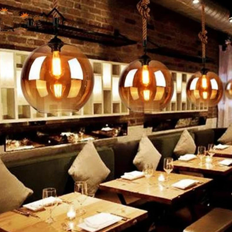 Glazen beige hanglamp rond hangende hanglamp industriële stijl voor restaurant Clearhalo